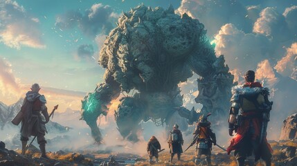 A group of adventurers banding together to defeat a powerful enemy - obrazy, fototapety, plakaty