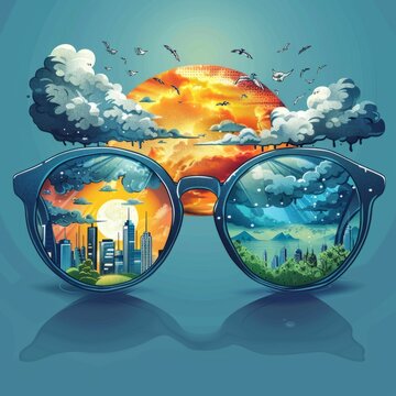 Cartoon eyeglasses that filter the world into a stormy or sunny scene, user's choice