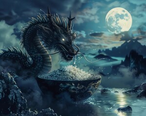 Hungry dragon feasting on a giant bowl of rice under moonlight - obrazy, fototapety, plakaty