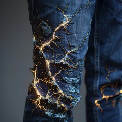 Jeans being repaired by electric stitches, with 3D lightning needlework - obrazy, fototapety, plakaty