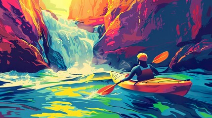 flat multicolored style illustration of a Female kayaker paddling towards a waterfall on a wildly flowing river - obrazy, fototapety, plakaty