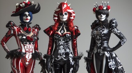 Three women dressed in costumes with skulls and bones on their faces, AI
