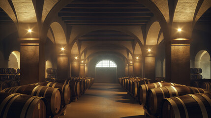 Dimly lit wine cellar with rows of aged wooden barrels, highlighting the traditional winemaking process. - obrazy, fototapety, plakaty