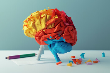 The Logical Thinking Process, adhd disease, cute colorful brain model on blue background with copy space.