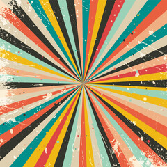 Colourful grunge retro starburst design background 