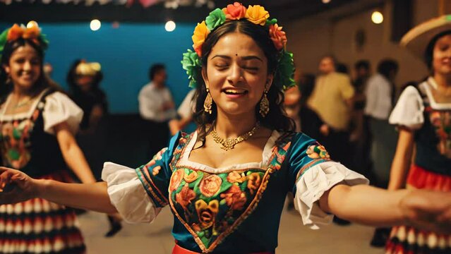 A woman in a traditional Mexican outfit with flowers in her hair dances with her arms outstretched. Concept: folklore dance, travel and festivals