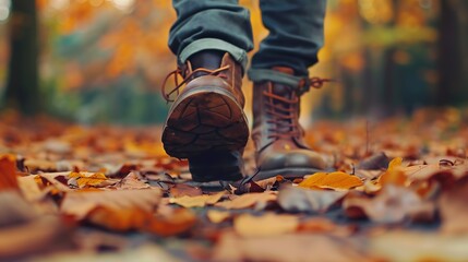 A close-up shot of leather boots walking on a path covered with fallen leaves in an autumn park, soft focus ai generated images - obrazy, fototapety, plakaty