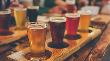 Craft beer enthusiast taking notes while doing a flight tasting of different beers at a local taproom with friends.