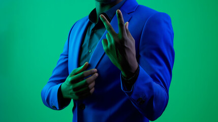 A man dressed in an electric blue blazer and matching trousers making hand gestures as if presenting something on an invisible screen with a neon green backdrop.