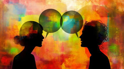A digital drawing showing silhouettes of two individuals with colorful speech bubbles over their heads against an abstract background to symbolize vibrant communication.