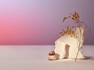 Empty Minimalistic scene, pieces of stone forming a product podium for product display with the gradient background.