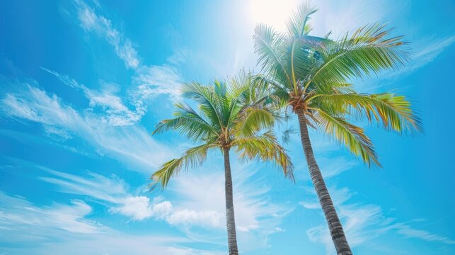 Two Palm Trees on a Sunny Day: A Relaxing Beach Vacation Concept in Blue Sky Background for Summer Cards and Marketing Ideas