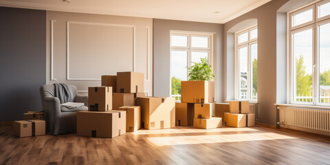Stacked cardboard boxes in a spacious room - obrazy, fototapety, plakaty