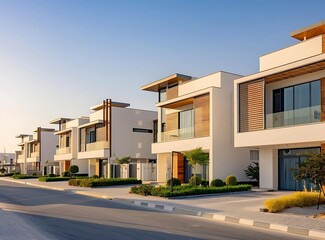 A row of modern townhouses in Dubai, white and beige colors, with wooden accents on the facades, stands along an empty street against the background of blue sky