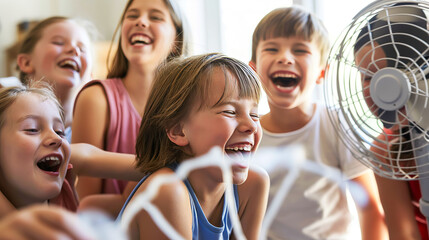 A group of children laughing and trying to catch the wind from an electric floor fan during a family gathering.