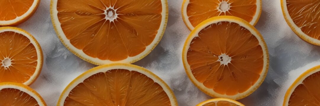 Background of beautiful orange slices on frozen surface.Ai generative