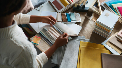 Interior designer selecting fabric swatches and color palettes for a modern home renovation project.