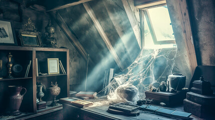 A dusty attic filled with forgotten antiques and cobwebs under a faint beam of light from a small window. - obrazy, fototapety, plakaty