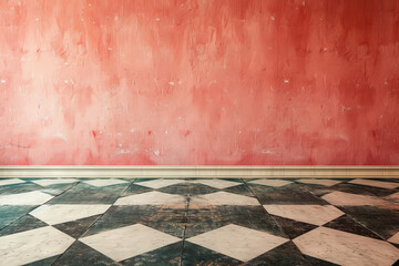 Red wall above black and white marble checkerboard floor - 777307809