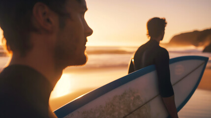 Two surfers at sunset, walking with their surfboards on a deserted beach. - obrazy, fototapety, plakaty