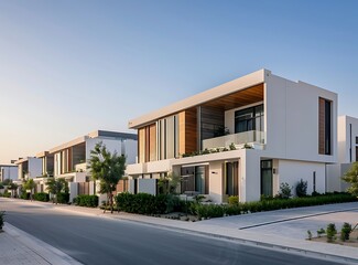 Fototapeta na wymiar A row of modern townhouses in Dubai, white and beige colors, with wooden accents on the facades, stands along an empty street against the background of blue sky