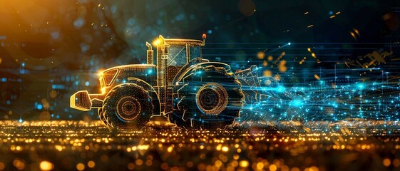 digital yellow smart  tractor, artificial intelligence in  modern agricultural machinery, enabling precision farming techniques,  automated planting, fertilization, and harvesting, field conditions.
