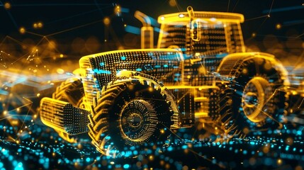 digital yellow smart  tractor, artificial intelligence in  modern agricultural machinery, enabling precision farming techniques,  automated planting, fertilization, and harvesting, field conditions.

