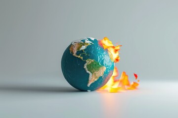 Planet globe earth burning in fire on a white background.
