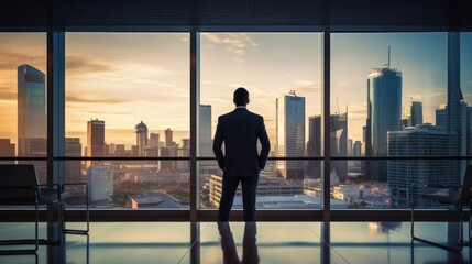 Businessman silhouette against cityscape from high-rise office - obrazy, fototapety, plakaty