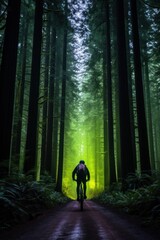 Man cycling at night on illuminated forest pathway