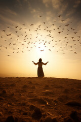 Woman embracing freedom under a flock of birds at sunset