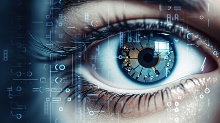 Cybernetic eye with blue digital tech enhancements - 777308669