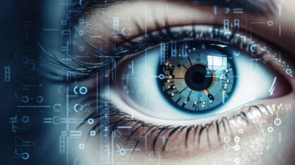Rolgordijnen Cybernetic eye with blue digital tech enhancements © Photocreo Bednarek