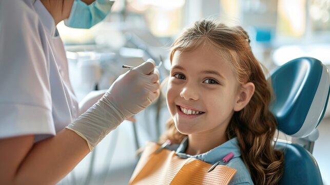 In a brightly lit dentist's office, a young girl sits confidently in the examination chair, smiling as the dentist gently checks her teeth, soft focus, real photo, stock photography