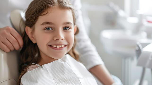 In a brightly lit dentist's office, a young girl sits confidently in the examination chair, smiling as the dentist gently checks her teeth, soft focus, real photo, stock photography