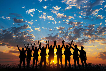 Silhouette of business team making high hands with blue sky - Powered by Adobe