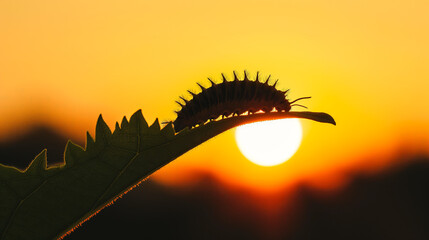 Caterpillar on the edge of a leaf silhouetted against the sunset sky showing the cycle of day to night.