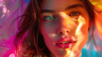 Fototapeta premium Portrait of a glowing Caucasian woman exuding confidence and vitality, with vibrant colors reminiscent of summer, real photo, stock photography generative ai