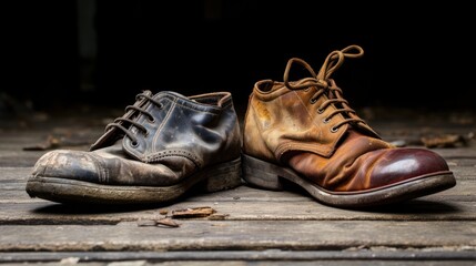 Contrasting old worn and new shiny dress shoes on wooden floor - obrazy, fototapety, plakaty