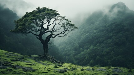 Solitary tree in misty green forest landscape