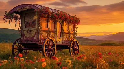 Muurstickers Traditional floral caravan in rural landscape at golden hour © Photocreo Bednarek