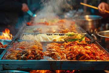 In a vibrant street market, pots and pans sizzle with hot and steamy Asian street food delicacies.