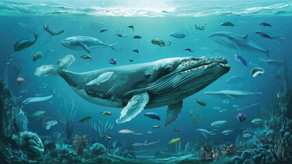 Submerged Capture: Whale and Marine Life Glide Through Ocean Depths