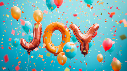 Joy word surrounded by bursting balloons and confetti.
