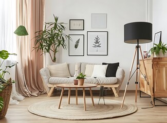 A Scandinavian-style living room with wooden furniture, white walls and posters on the wall, 