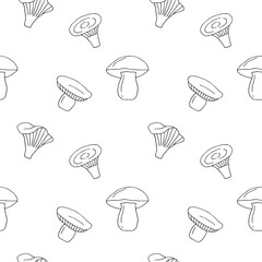Mushrooms seamless pattern vector illustration, hand drawn doodles