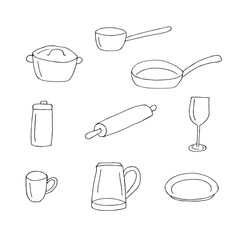 Kitchen utensils set, vector illustration, hand drawn doodles