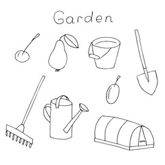 Garden and garden tools, vector illustration hand drawing doodles