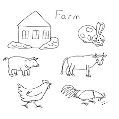 Farm and animals vector illustration, hand drawing
