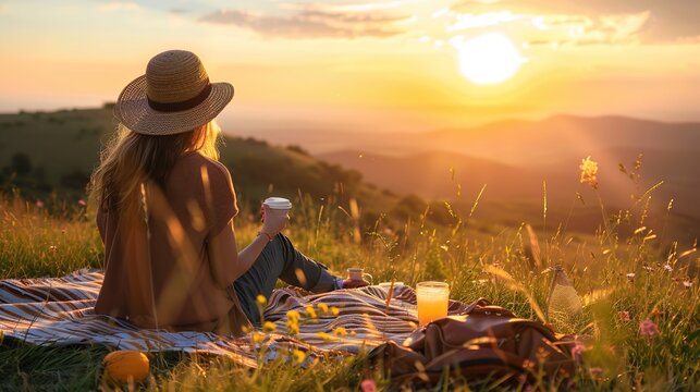 A woman enjoying a healthy picnic on a grassy hill as the sun sets in the background, real photo, stock photography generative ai images